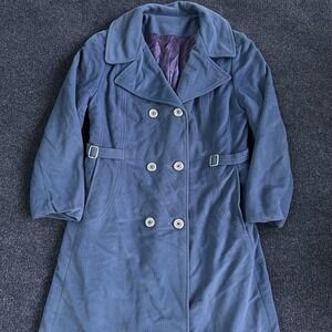 Vintage Susan Lynn Coat Womens Medium Blue Suede Cloth Double Breasted Belted